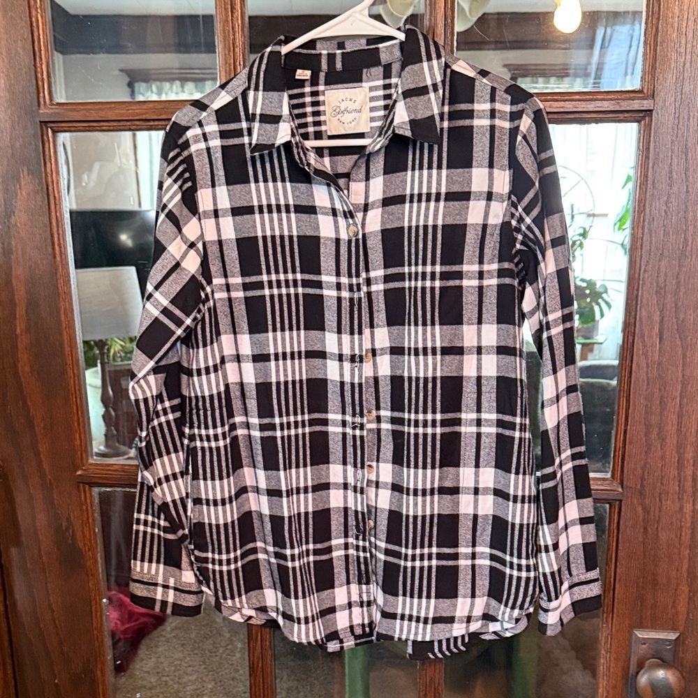 Jachs Girlfriend Womens Black White Plaid Button Down Shirt Side Pockets Small